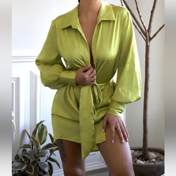 Satin Lime Green Shirt Dress - Picture 7 of 8